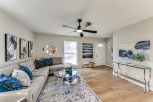 living room featuring ceiling fan and hardwood / wood-style floors