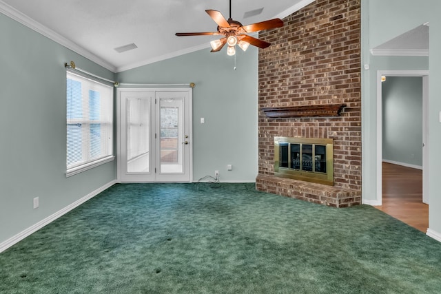 unfurnished living room with carpet floors, ornamental molding, vaulted ceiling, and a brick fireplace