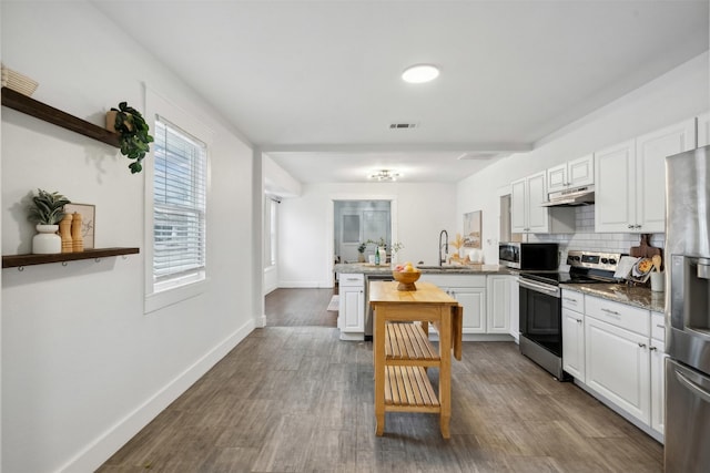 kitchen featuring sink, appliances with stainless steel finishes, backsplash, dark hardwood / wood-style floors, and white cabinets