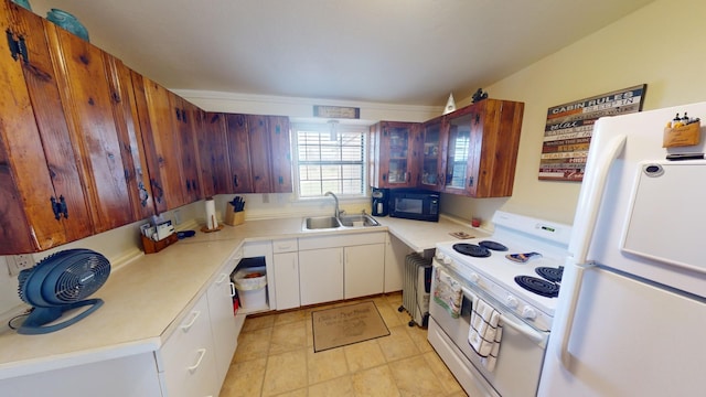 kitchen featuring white cabinetry, white appliances, and sink