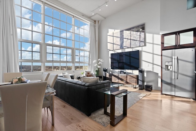 living room with rail lighting, a towering ceiling, and light hardwood / wood-style flooring