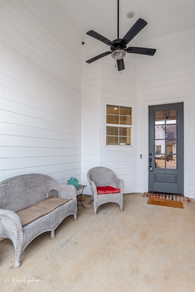 view of patio featuring ceiling fan