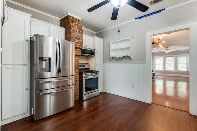 kitchen with white cabinetry, appliances with stainless steel finishes, ornamental molding, and dark hardwood / wood-style floors