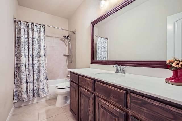 full bathroom featuring shower / bath combination with curtain, vanity, toilet, and tile patterned flooring