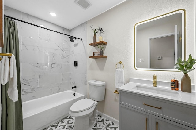 full bathroom featuring vanity, toilet, and shower / tub combo