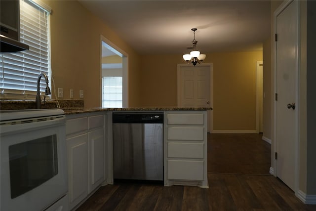 kitchen with stainless steel dishwasher, white cabinets, and white range with electric stovetop