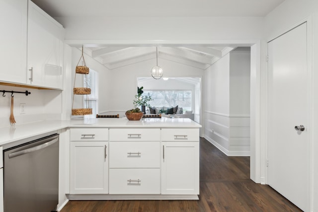 kitchen featuring white cabinetry, dishwasher, hanging light fixtures, and kitchen peninsula