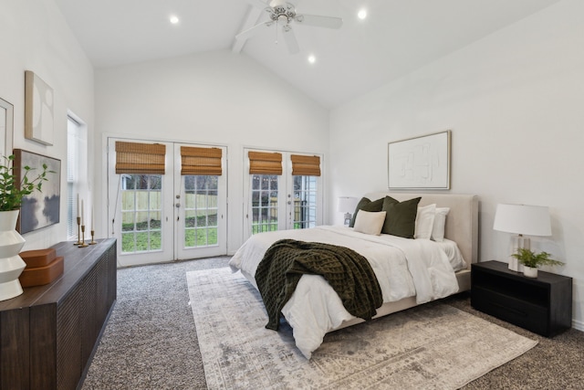 carpeted bedroom with multiple windows, access to exterior, french doors, and beamed ceiling