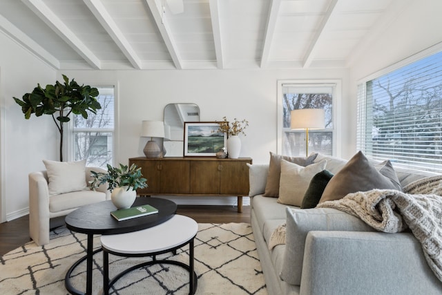 living room featuring wood-type flooring and beam ceiling