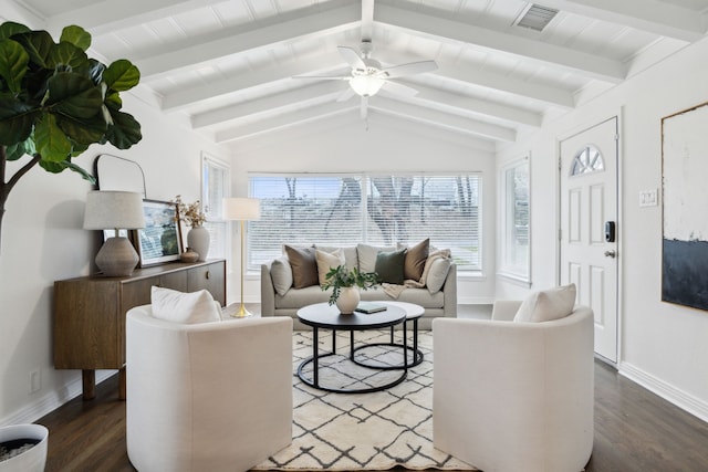 sunroom featuring lofted ceiling with beams and ceiling fan