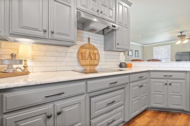 kitchen with crown molding, gray cabinetry, light wood-type flooring, and backsplash