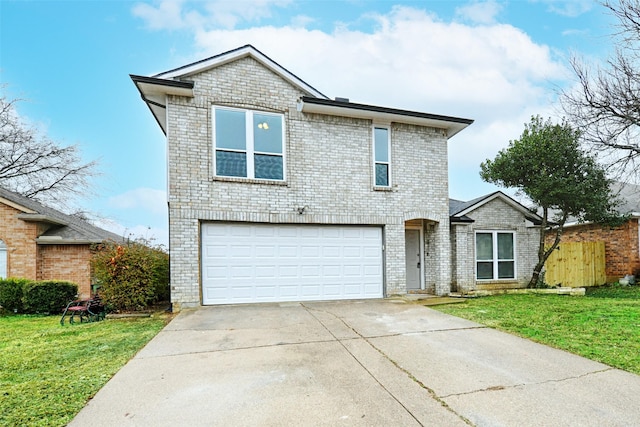 view of property featuring a garage and a front lawn