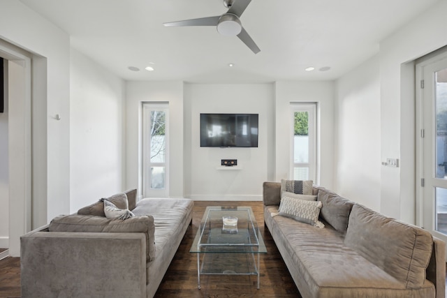 living room featuring ceiling fan and dark hardwood / wood-style flooring