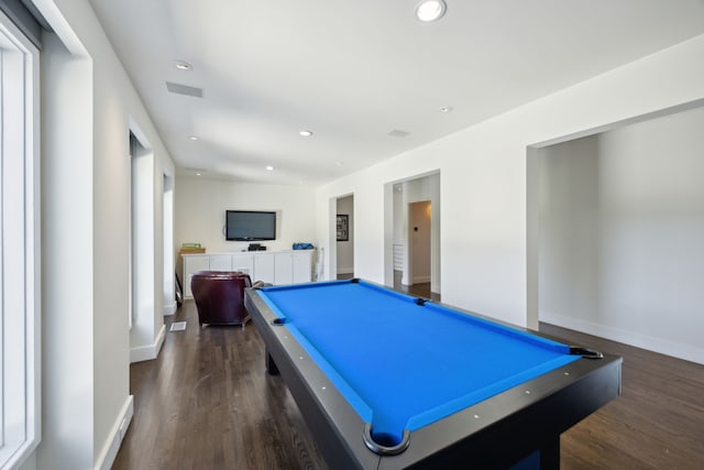 recreation room with pool table and dark hardwood / wood-style flooring