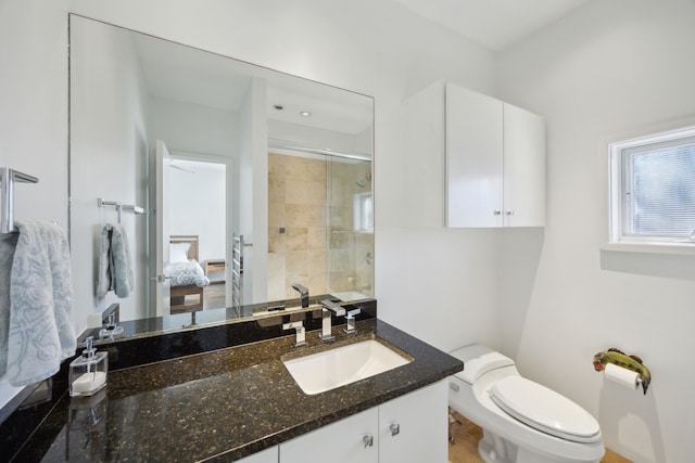 bathroom with vanity, toilet, and walk in shower