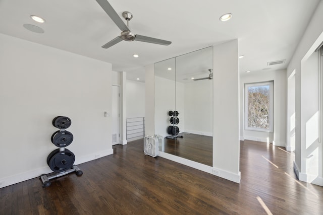 exercise room featuring dark hardwood / wood-style flooring and ceiling fan