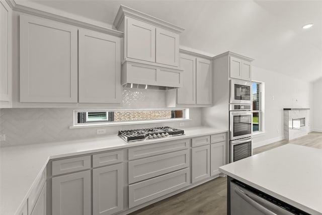 kitchen with decorative backsplash, appliances with stainless steel finishes, and wood finished floors