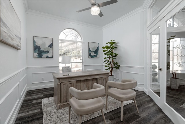 office featuring crown molding, ceiling fan, dark hardwood / wood-style flooring, and french doors