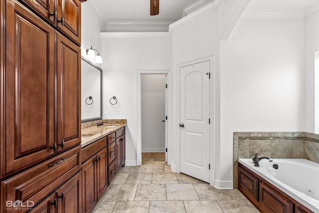 bathroom featuring crown molding, ceiling fan, vanity, and a bath