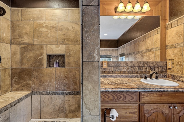 bathroom with vanity and decorative backsplash