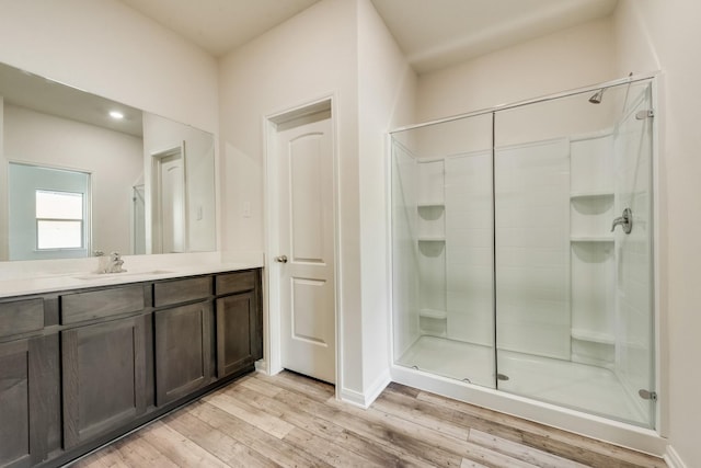 bathroom featuring vanity, wood-type flooring, and a shower