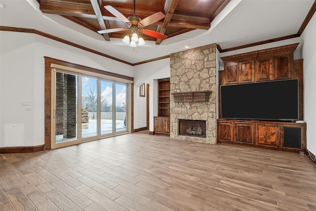 unfurnished living room featuring baseboards, coffered ceiling, and light wood finished floors