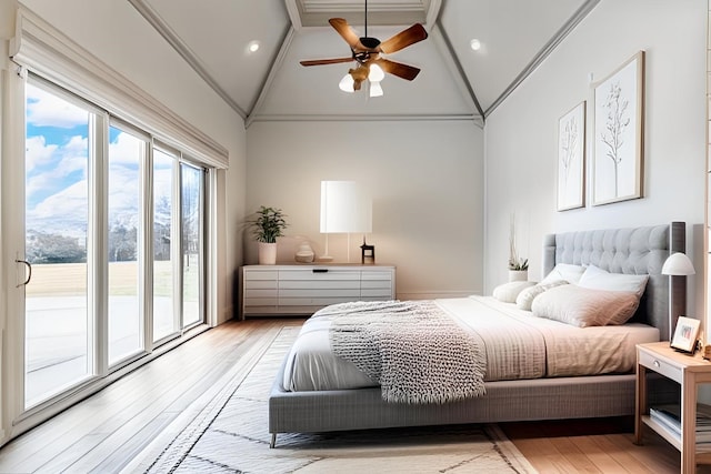 bedroom with light wood-type flooring, access to exterior, high vaulted ceiling, and a ceiling fan