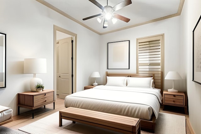 bedroom featuring crown molding, light wood-style flooring, and ceiling fan