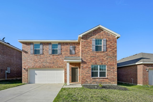 front facade with a garage and a front yard