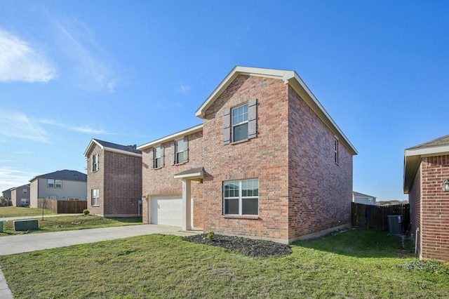 view of front of house with cooling unit, a garage, and a front lawn