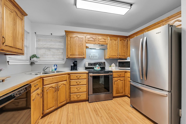 kitchen featuring sink, light wood-type flooring, and appliances with stainless steel finishes