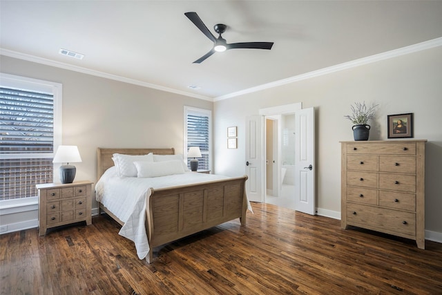 bedroom featuring dark wood-type flooring, ceiling fan, and ornamental molding