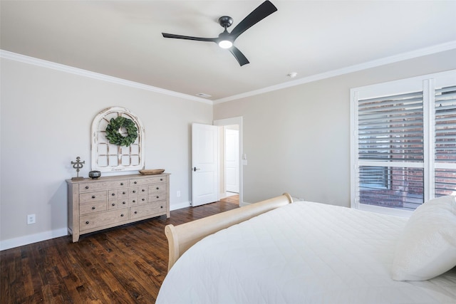 bedroom featuring crown molding, ceiling fan, and dark hardwood / wood-style floors