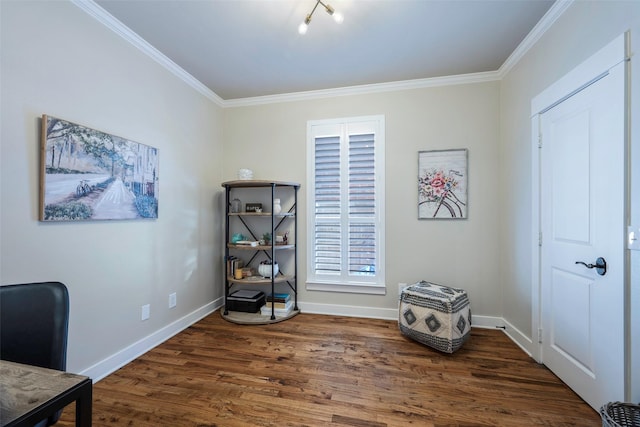 office area featuring ornamental molding and dark hardwood / wood-style floors