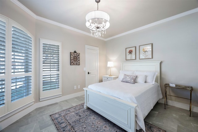 bedroom featuring ornamental molding and a notable chandelier