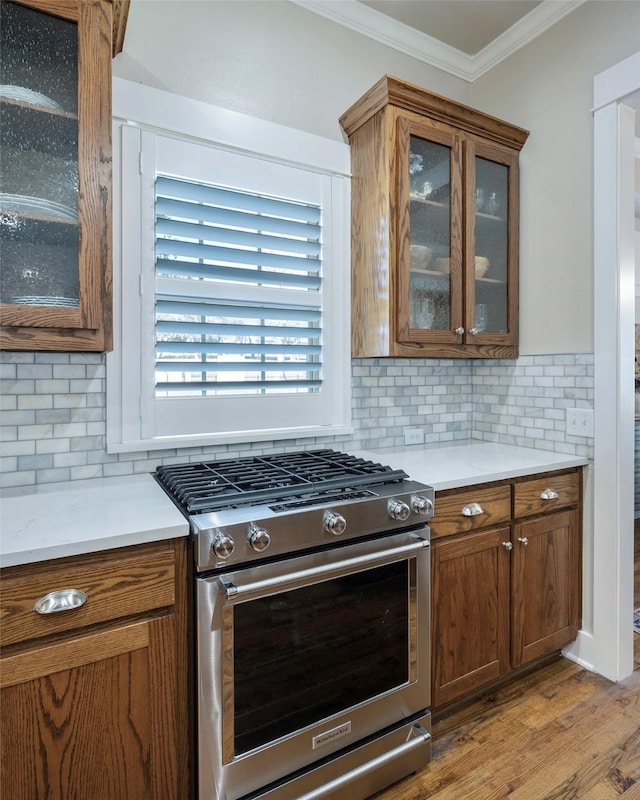 kitchen featuring crown molding, stainless steel range with gas cooktop, and decorative backsplash