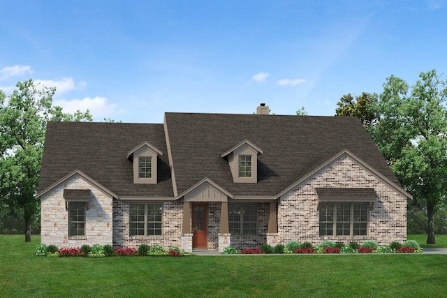 cape cod home featuring a shingled roof, stone siding, brick siding, and a front lawn