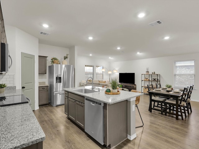 kitchen featuring sink, light stone counters, light hardwood / wood-style flooring, an island with sink, and stainless steel appliances