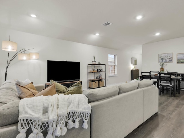 living room featuring dark wood-type flooring