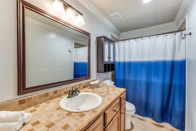 bathroom with vanity, tasteful backsplash, ornamental molding, and toilet