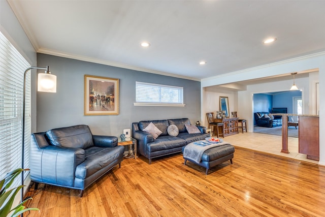 living room with light hardwood / wood-style flooring and ornamental molding