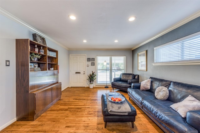 living room with ornamental molding and light hardwood / wood-style flooring