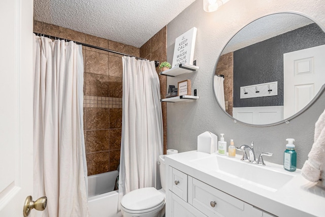 full bathroom featuring vanity, toilet, shower / tub combo, and a textured ceiling