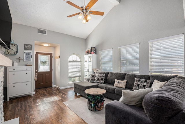 living room with high vaulted ceiling, dark hardwood / wood-style floors, and ceiling fan