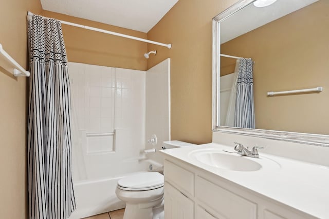 full bathroom with shower / bathtub combination with curtain, vanity, toilet, and tile patterned floors