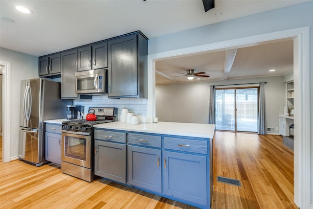 kitchen featuring ceiling fan, appliances with stainless steel finishes, backsplash, light hardwood / wood-style floors, and kitchen peninsula