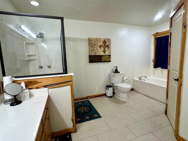 full bathroom with vanity, toilet, and plus walk in shower