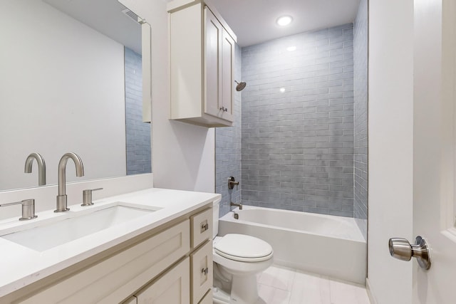 bathroom featuring toilet, shower / tub combination, tile patterned flooring, and vanity