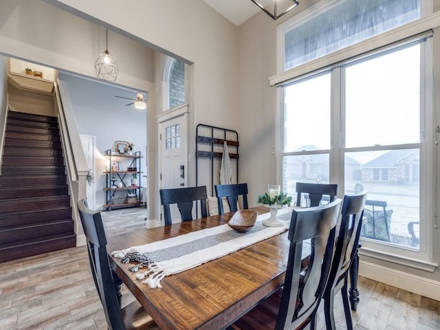 dining area featuring ceiling fan, light hardwood / wood-style flooring, and a wealth of natural light