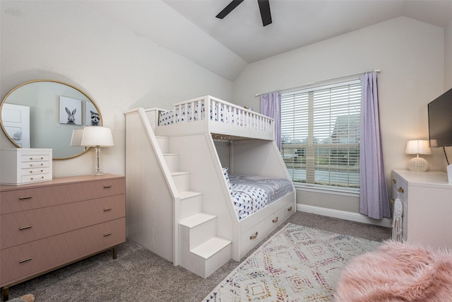 bedroom featuring vaulted ceiling, light carpet, and ceiling fan